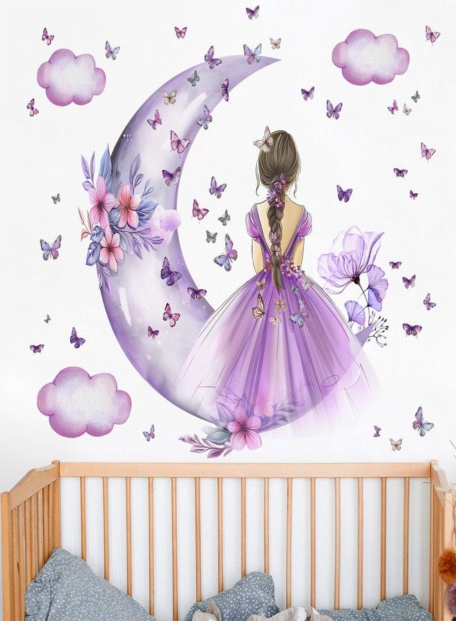 DRWSSR 2 Sheets Purple Butterfly Girl Wall Decal - Removable DIY Moon Cloud Wall Decal Vinyl Purple Flower Princess Room Art for Girls Baby Nursery Bedroom Living Room Bathroom Classroom Decor - Image 5
