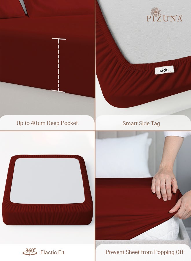 PIZUNA Pure 100% Cotton Twin Fitted Bed Sheet 120x200 cm Rio Red, 400 Thread Count Cool Luxury Soft Long Staple Cotton Sateen Weave, Deep Pocket Bedsheet Fits 40cm (Fitted Sheet -1PC) - Image 4