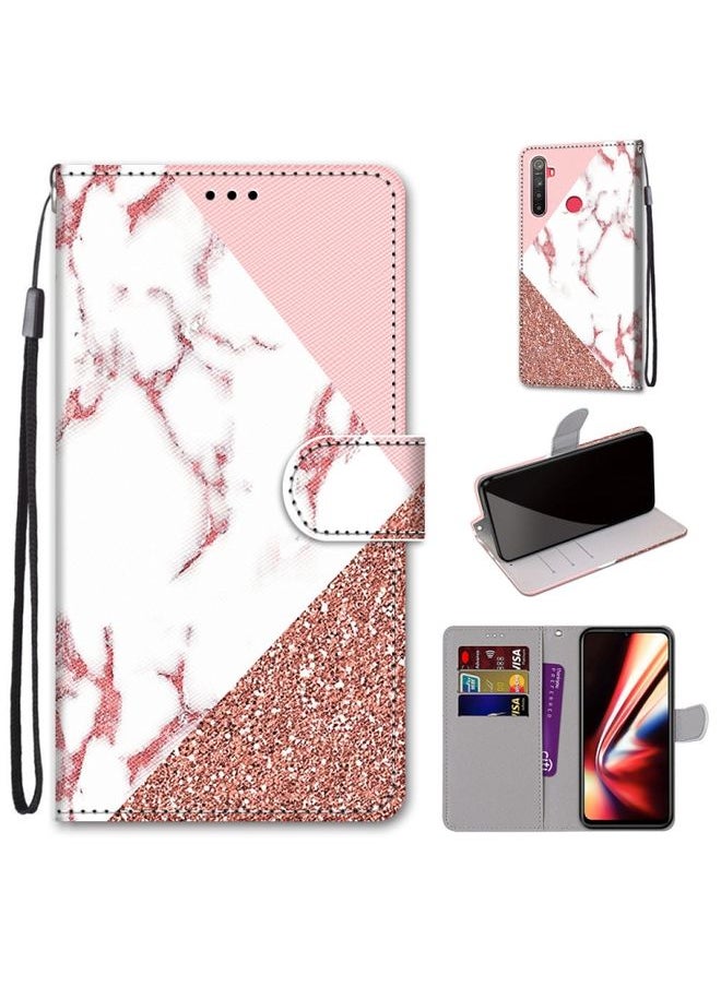 HuHa Case Cover For Realme 5 / 5s / 5i / C3 / C3i / 6i / Narzo10 / 10A / 20A Coloured Drawing Cross Texture Horizontal Flip PU Leather Case with Holder & Card Slots & Wallet & Lanyard Pink Stone Texture 