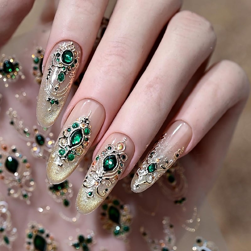 NBNTGH 5D Embossed Gemstone Nail Stickers Gold Nail Art Stickers Decals with Green Mace Design Nails Charms Self-Adhesive for Women Girls Manicure Decoration - Image 2