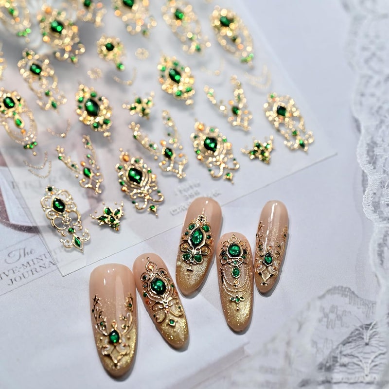 NBNTGH 5D Embossed Gemstone Nail Stickers Gold Nail Art Stickers Decals with Green Mace Design Nails Charms Self-Adhesive for Women Girls Manicure Decoration - Image 3