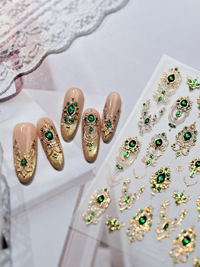 NBNTGH 5D Embossed Gemstone Nail Stickers Gold Nail Art Stickers Decals with Green Mace Design Nails Charms Self-Adhesive for Women Girls Manicure Decoration - Image 5