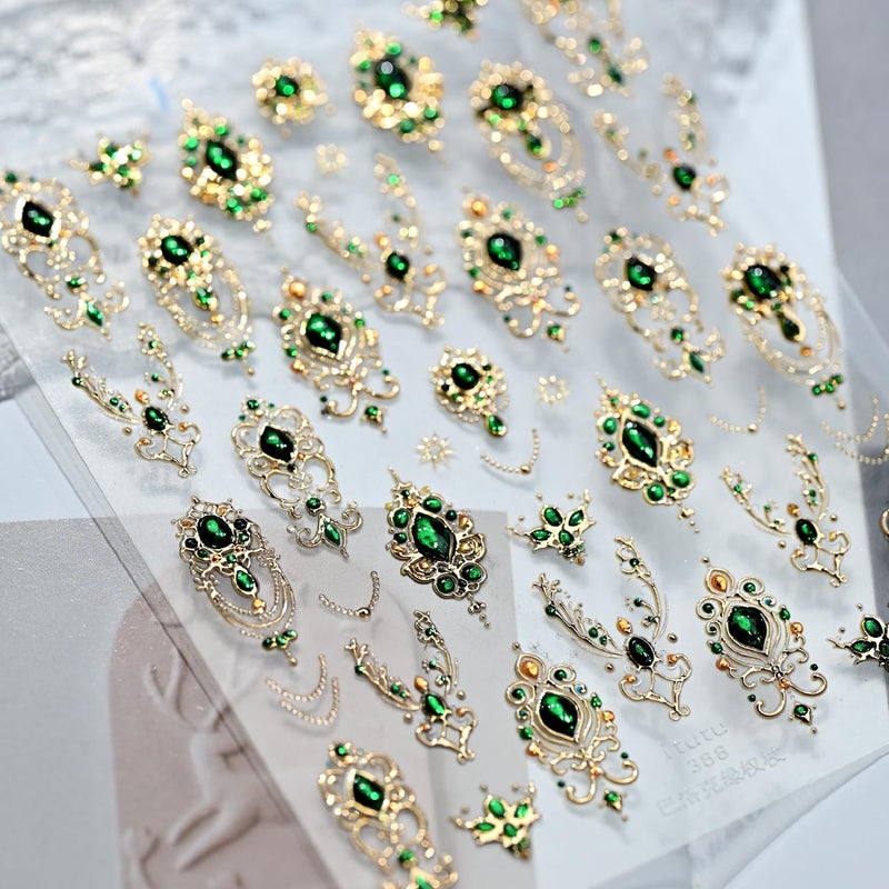 NBNTGH 5D Embossed Gemstone Nail Stickers Gold Nail Art Stickers Decals with Green Mace Design Nails Charms Self-Adhesive for Women Girls Manicure Decoration - Image 4