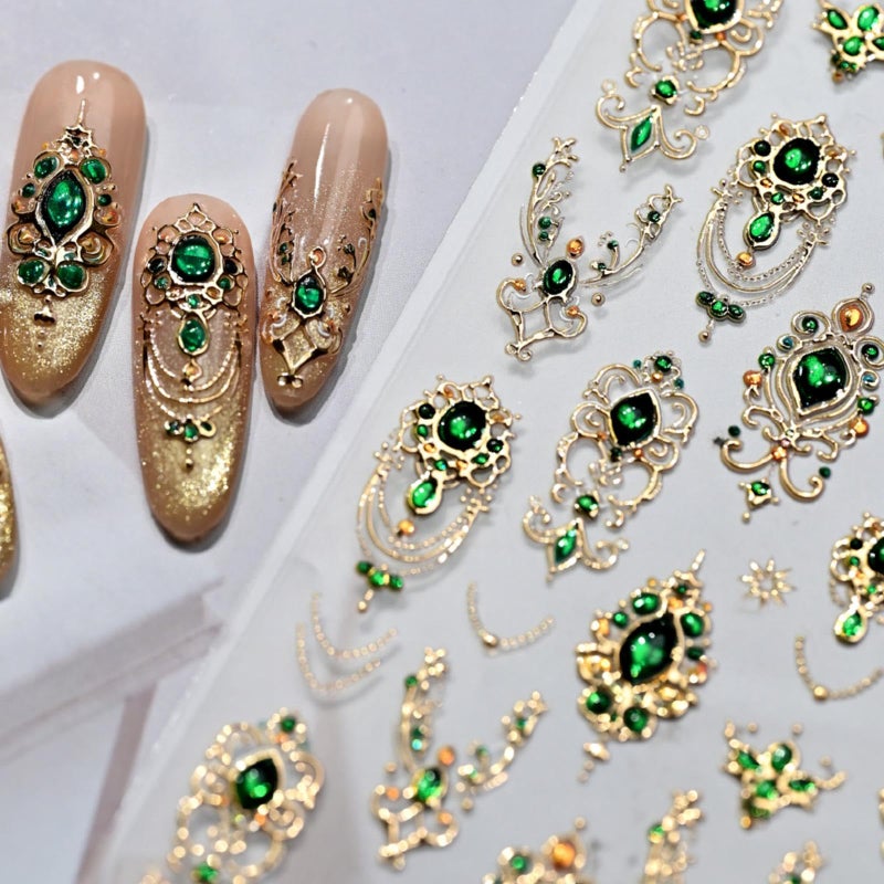 NBNTGH 5D Embossed Gemstone Nail Stickers Gold Nail Art Stickers Decals with Green Mace Design Nails Charms Self-Adhesive for Women Girls Manicure Decoration - Image 1