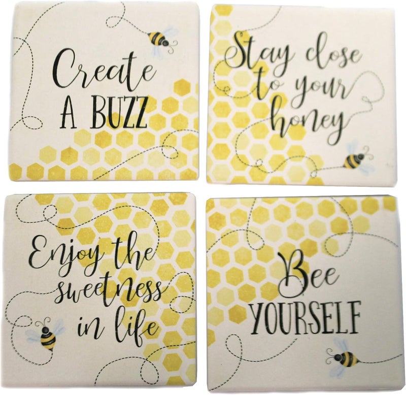 Carson مجموعة كوسترات منزلية مربعة كارسن SS74368 بتصميم نحلة عصرية مجموعة من 4 قطر 4 بوصة متعددة الألوان - Image 1