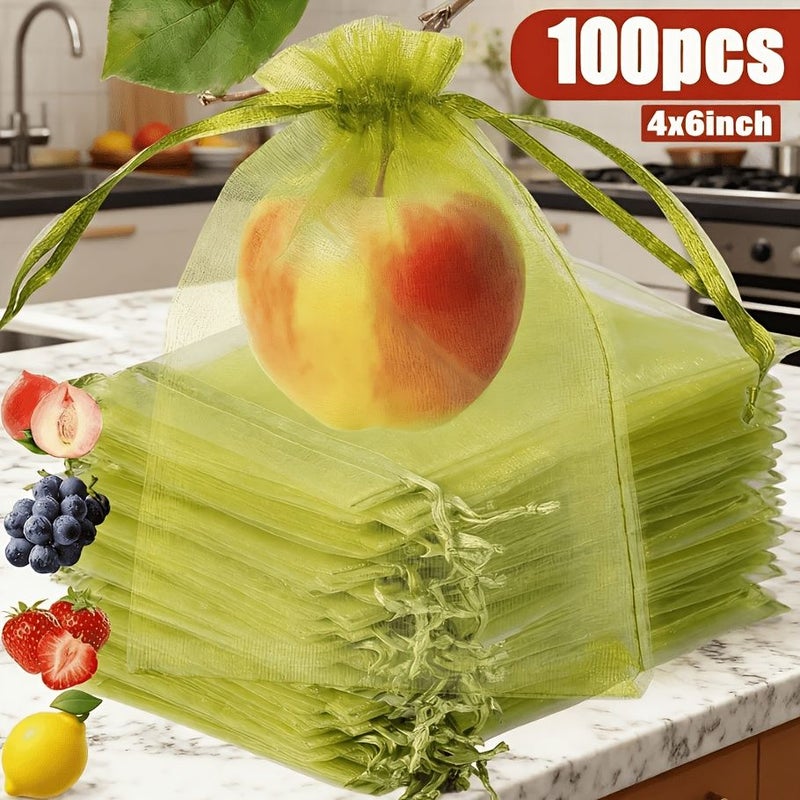 100 Pcs 4x6 Inch 10x15 Cm Reusable Army Green Fine Mesh Organza Fruit Protection Drawstring Pouches For Garden Protecting Flowers Mangoes Dragon Fruit And Vegetables From Birds And Squirrels - Image 1