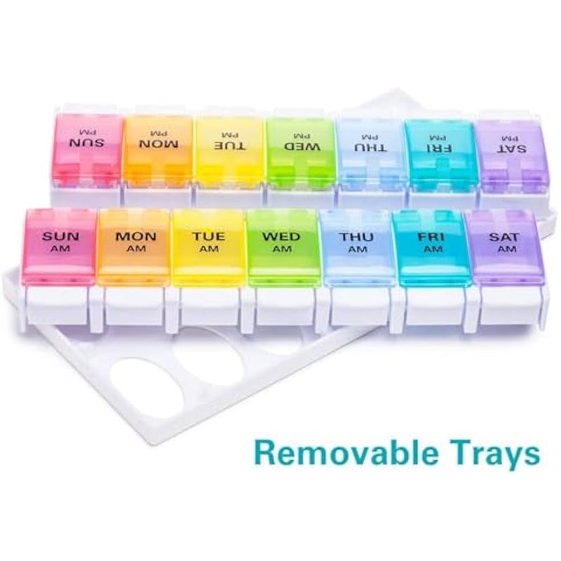 عربست سوكووس منظم حبوب الدواء الاسبوعي من ايه ام بي ام مرتين في اليوم، حافظة كبيرة لحبوب الدواء اليومية لمدة 7 ايام مع تصميم زر ضغط سهل، حامل ادوية قابل للفصل للفيتامينات وزيت السمك والمكملات الغذائية (قوس - Image 5