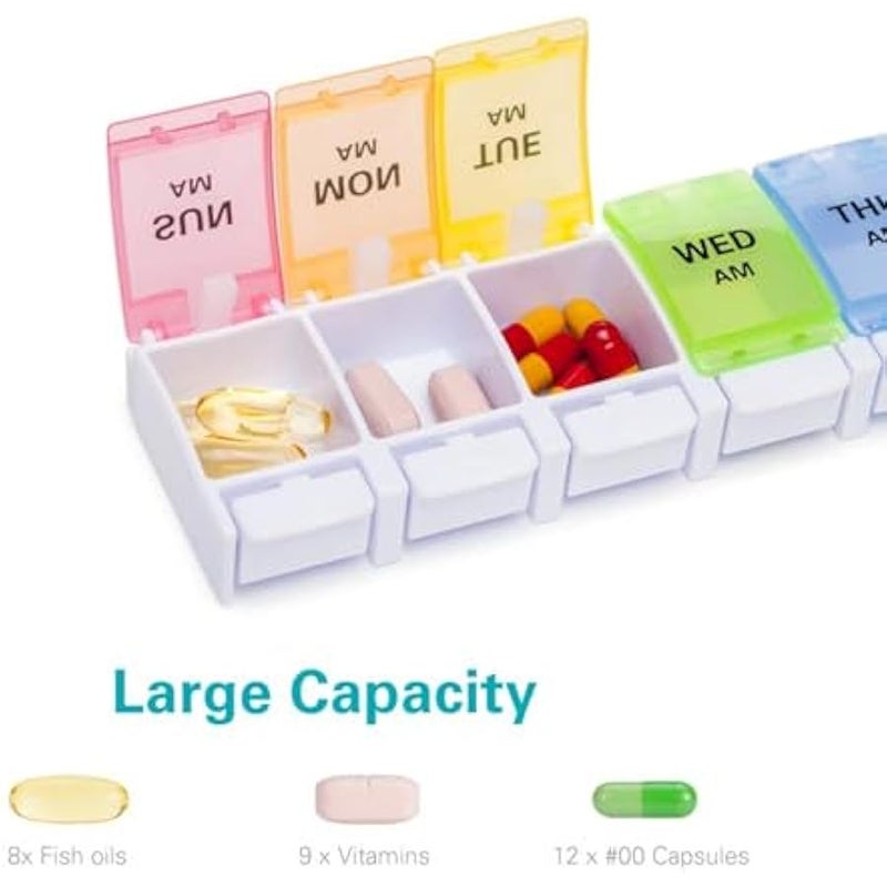 عربست سوكووس منظم حبوب الدواء الاسبوعي من ايه ام بي ام مرتين في اليوم، حافظة كبيرة لحبوب الدواء اليومية لمدة 7 ايام مع تصميم زر ضغط سهل، حامل ادوية قابل للفصل للفيتامينات وزيت السمك والمكملات الغذائية (قوس - Image 3