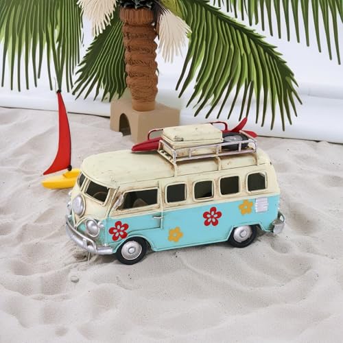 NAUTIMALL Vintage-Style Miniature Hippie Camper Van Model Tropical Theme Flower Decals 6.5inches Beach Bus Home Decor Gift for Boys Kids Hippie Van Ornament (Light Blue) - Image 5