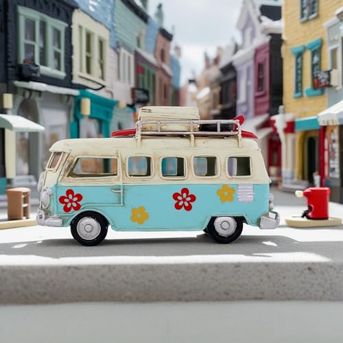 NAUTIMALL Vintage-Style Miniature Hippie Camper Van Model Tropical Theme Flower Decals 6.5inches Beach Bus Home Decor Gift for Boys Kids Hippie Van Ornament (Light Blue) - Image 4