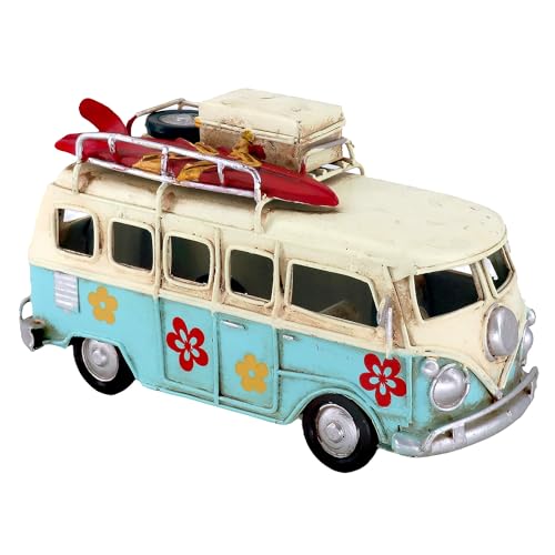 NAUTIMALL Vintage-Style Miniature Hippie Camper Van Model Tropical Theme Flower Decals 6.5inches Beach Bus Home Decor Gift for Boys Kids Hippie Van Ornament (Light Blue) - Image 1