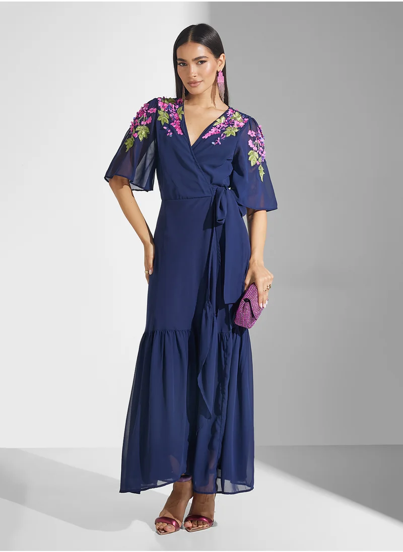 Hope & Ivy Embellished Flutter Sleeve Maxi Wrap Dress