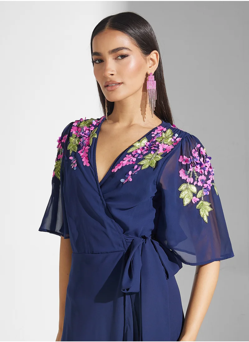Hope & Ivy Embellished Flutter Sleeve Maxi Wrap Dress