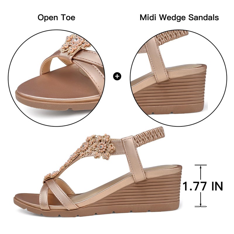 TEMOFON Women's Low Wedge Heels Summer Dressy Platform Sandals Elastic Ankle Strap Open Toe Shoes Rose Gold/Pink Size 8 - Image 5