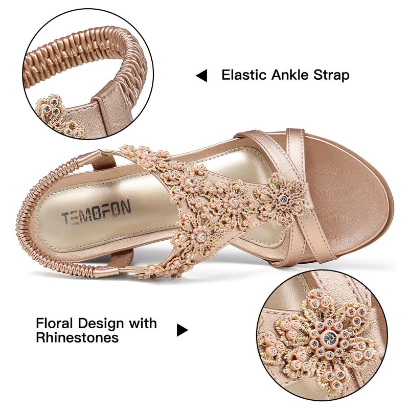 TEMOFON Women's Low Wedge Heels Summer Dressy Platform Sandals Elastic Ankle Strap Open Toe Shoes Rose Gold/Pink Size 8 - Image 4