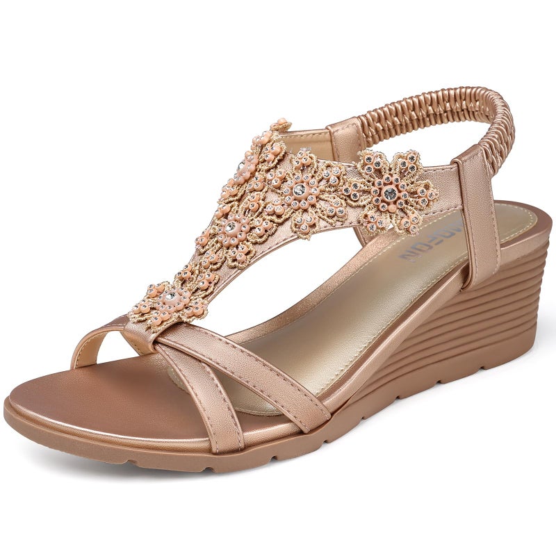 TEMOFON Women's Low Wedge Heels Summer Dressy Platform Sandals Elastic Ankle Strap Open Toe Shoes Rose Gold/Pink Size 8 - Image 1