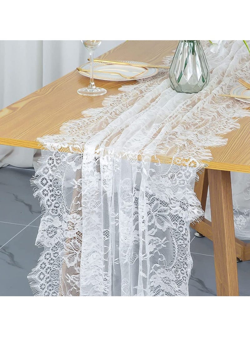 مفرش طاولة أبيض من الدانتيل مقاس 14 × 120 بوصة، مفرش طاولة مطرز على طراز بوهو لحفلات الزفاف وديكورات حفلات الزفاف، مفرش طاولة ريفي عتيق - Image 1