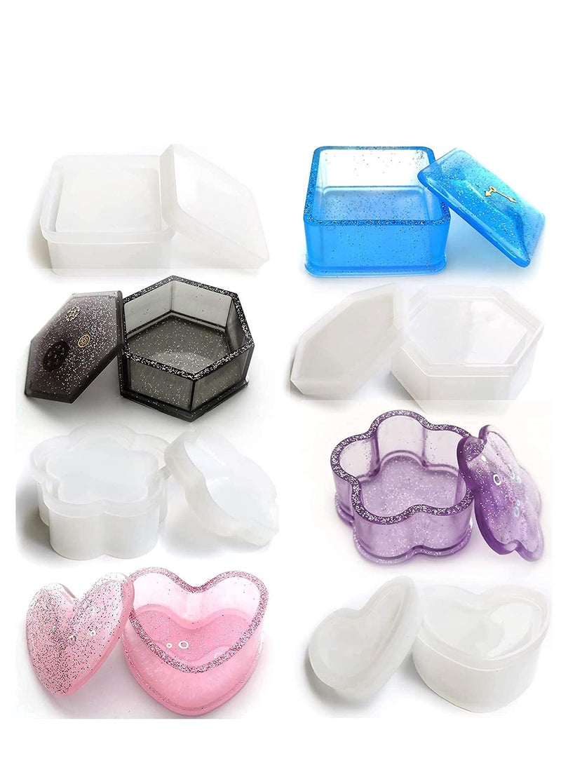 Box Resin Molds Silicone, 4 Pcs Jewelry Epoxy Mold Sets with Heart Shape, Hexagon, Square and Flower for Storing Earrings, Rings, Coins, Keys or Making Flower Pot, Pen & Candle Holder - Image 1