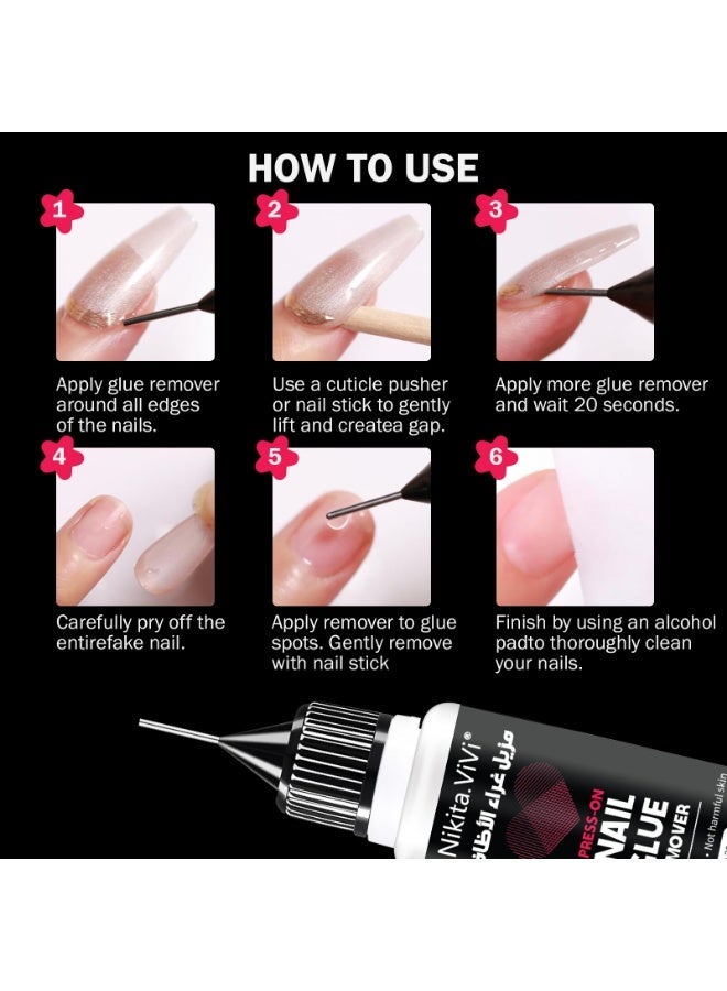 NIKITA.VIVI مزيل غراء الأظافر الدقيق للضغط، مزيل متعدد الوظائف لنصائح الأظافر، مزيل غراء لطيف لأظافر الجل، مزيل طلاء الأظافر غير الأسيتوني 20 مل - Image 3