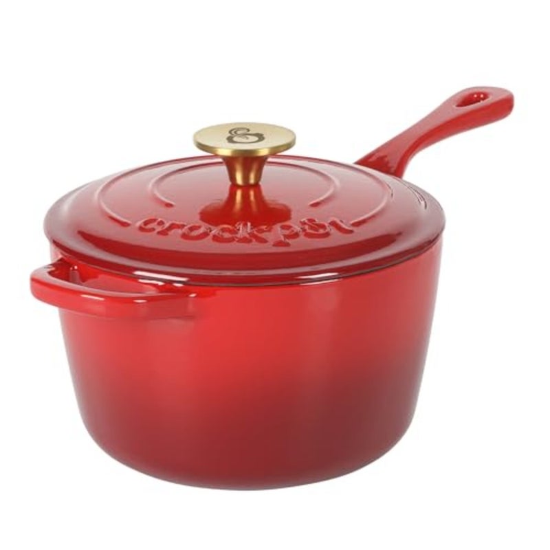 Crock Pot 3 Qt Enamel Cast Iron Sauce Pan W/Lid - Gradient Red - Image 1