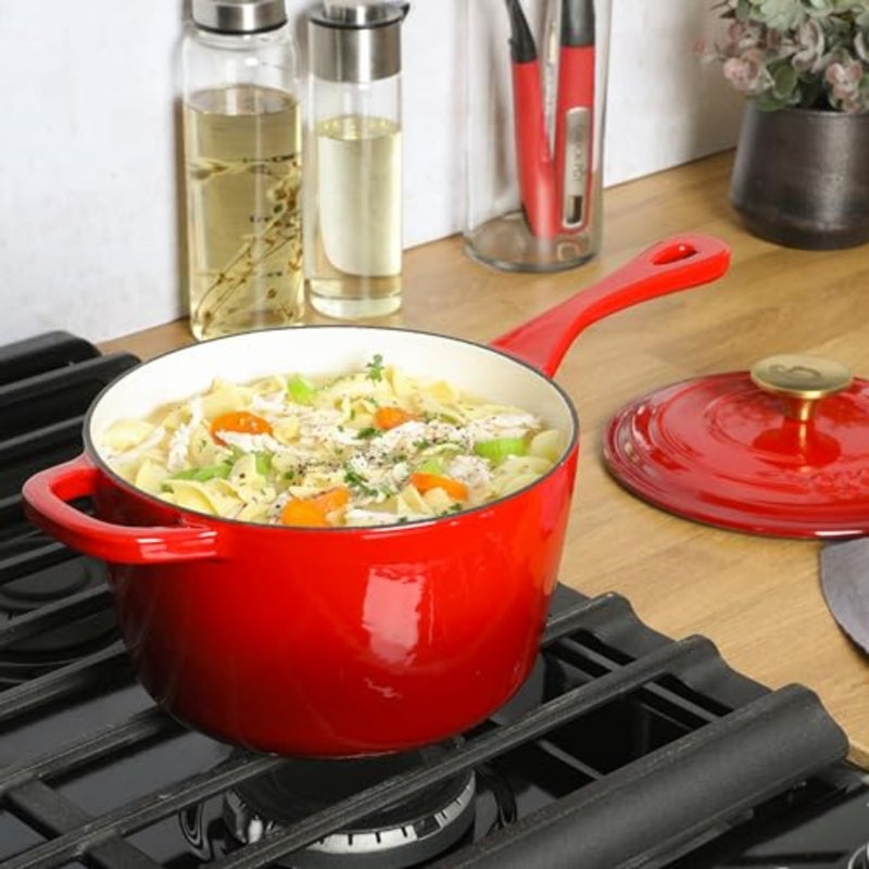 Crock Pot 3 Qt Enamel Cast Iron Sauce Pan W/Lid - Gradient Red - Image 2