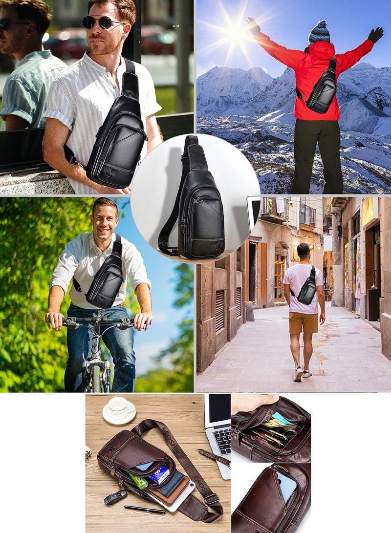 Qiccijoo Qiccijoo Genuine Leather Small Sling Bag Crossbody Bag Shoulder Bag for Men Women,Multipurpose Crossbody Backpack for Hiking Walking Travel Cycling(Brown)  - Image 3