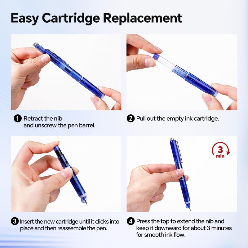 WRITECH Clictek Fountain Pen Retractable: Blue Ink Medium Nib Transparent Barrel, Gift Set Includes 5 Ink Cartridges for Smooth Writing No Leaking - Image 2