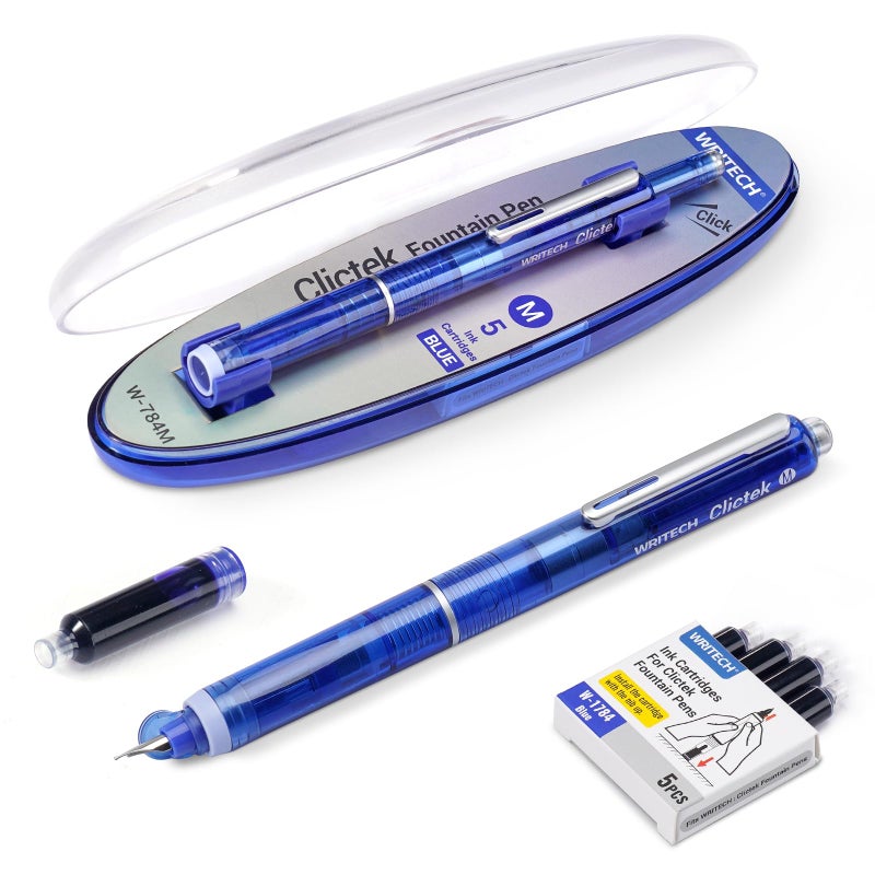 WRITECH Clictek Fountain Pen Retractable: Blue Ink Medium Nib Transparent Barrel, Gift Set Includes 5 Ink Cartridges for Smooth Writing No Leaking - Image 1