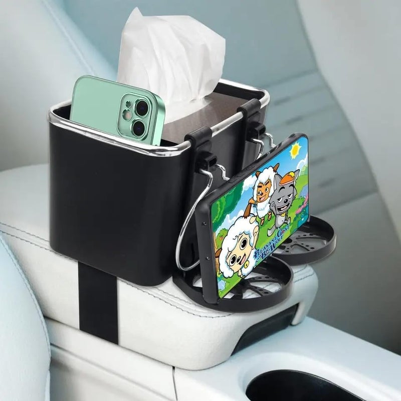 ZDQTRA universal car armrest storage box for tissue paper towel mobile stand, car console box with 2 foldable cup stand for water cold drinks holder (1 pcs/multicolor) - Image 3