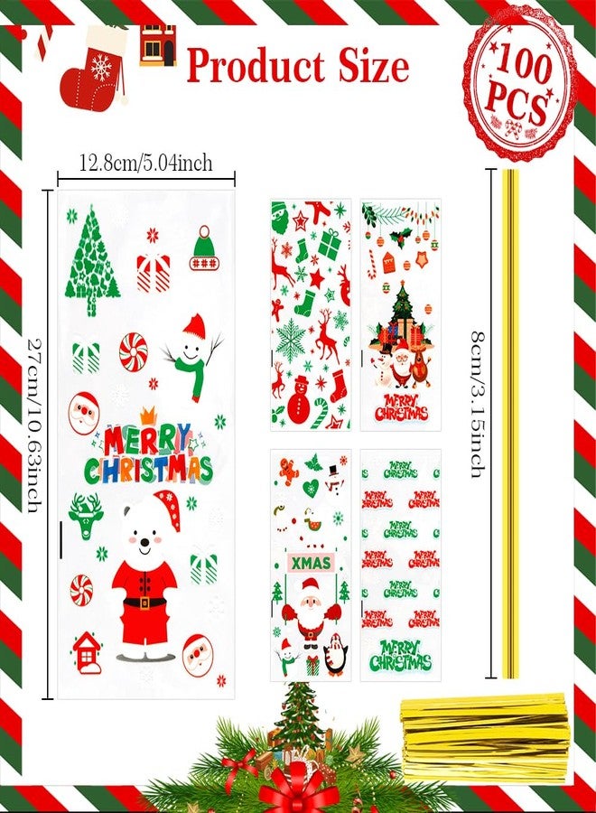 BOEIAC Christmas Treat Bags, 100 PCS Christmas Cellophane Treat Bags, Plastic Clear Xmas Candy Bag with 100 Pcs Twist Ties for Cookie Goodies Gift Present Wrap for Xmas Party Favor Supplies, 5.04x10.63 Inch - Image 2