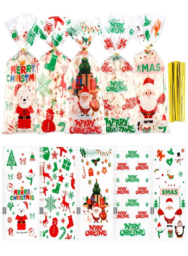 BOEIAC Christmas Treat Bags, 100 PCS Christmas Cellophane Treat Bags, Plastic Clear Xmas Candy Bag with 100 Pcs Twist Ties for Cookie Goodies Gift Present Wrap for Xmas Party Favor Supplies, 5.04x10.63 Inch - Image 1