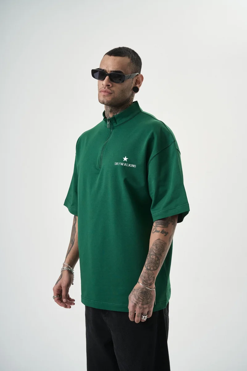 RESPIRE Men's Skywalking Print Half-Zip Oversize T-Shirt, Olive Green (Nefti)