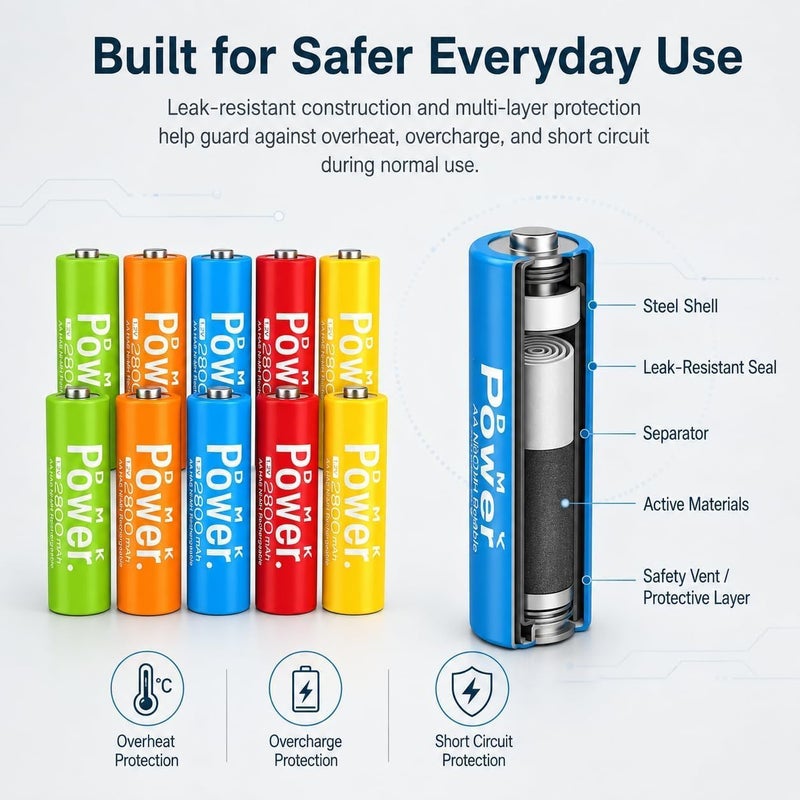 DMK POWER Rechargeable AA Batteries,2800mAh High Capacity Batteries 1.2V NiMH Low Self Discharge (MIXED, 10 PIECES) - Image 4