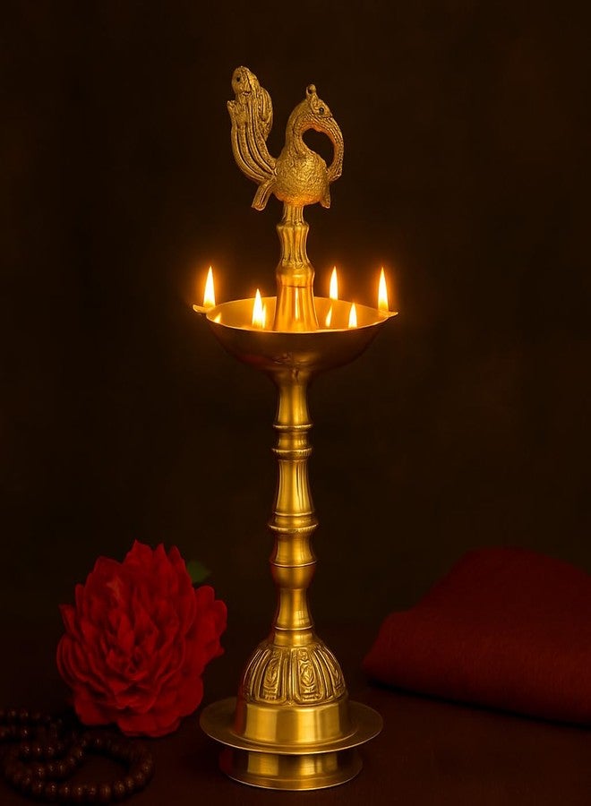 Klassic 11 Inch Brass Kerala Diya Samai | Traditional Peacock Oil Lamp | Kutthu Vilakku Panchmahal Deepam | Ideal for Home Temple, Pooja Room, Diwali & Festivals - Image 1