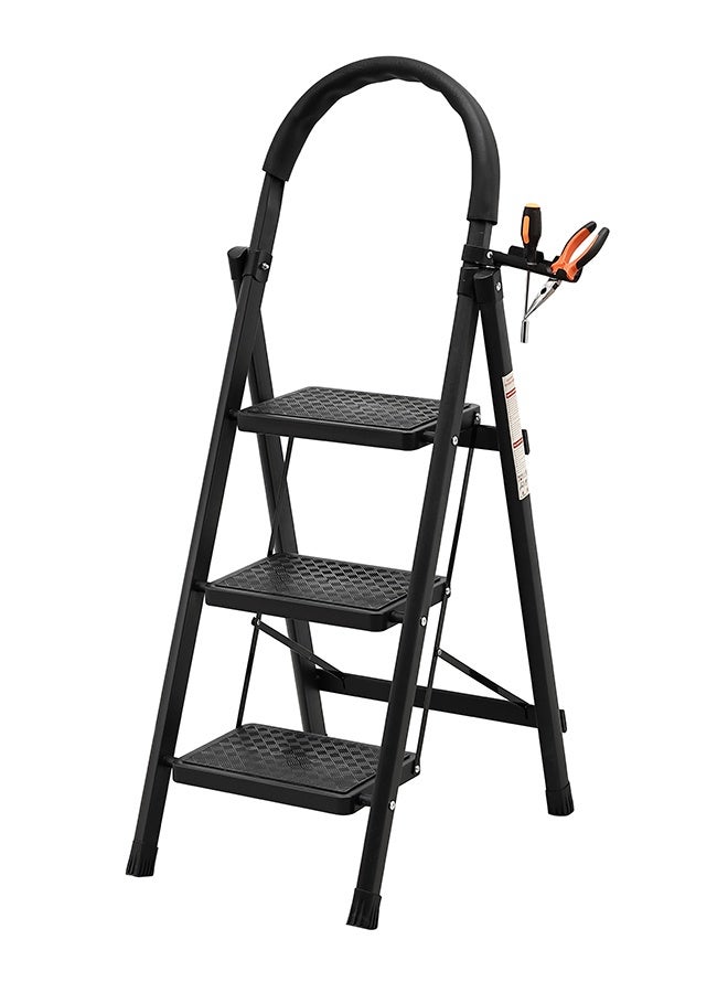 LAWAZIM Pro7 3-Step Folding Ladder With Tools Hanger - Black - 120kg Load Capacity Step Stool with Convenient Handgrip, Tools Holder Rack, Anti-Slip Pedals - Multi-Use Ladder for Kitchen & Household - Image 1