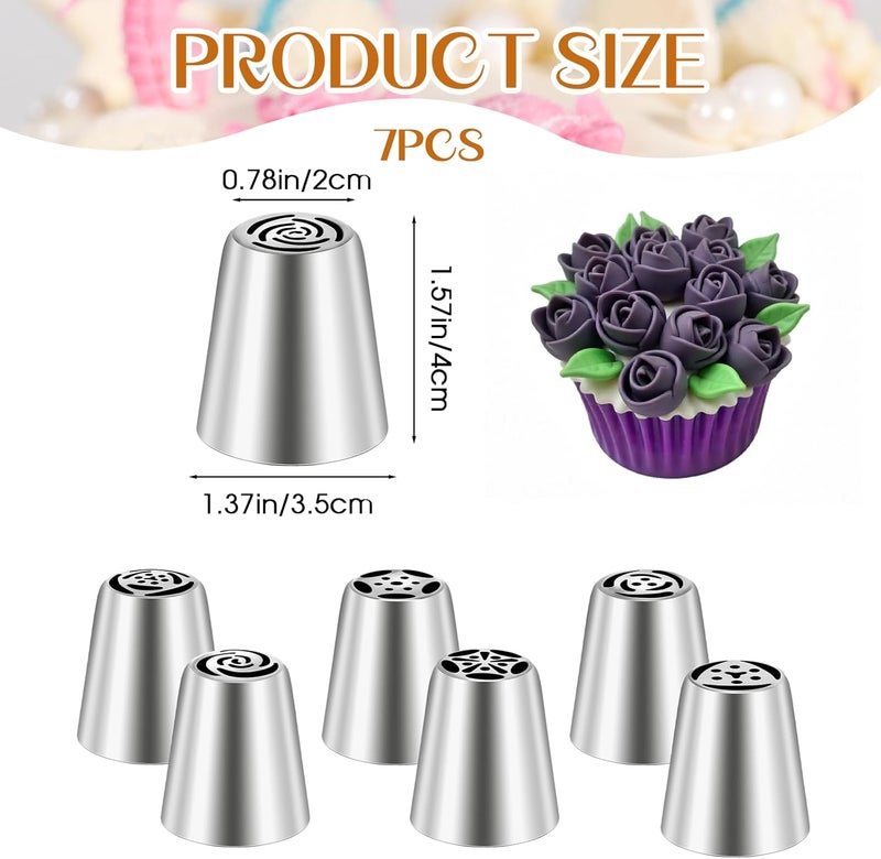 Dimeho 7 Pcs Piping Tips Round Hole Cake Frosting Nozzles Set Stainless Steel Cupcake Decorating Tool Russian Pastry Icing Dispensers for Baking Cookies Puff Cream Bag Filler (Russian medium) - Image 2
