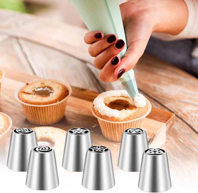 Dimeho 7 Pcs Piping Tips Round Hole Cake Frosting Nozzles Set Stainless Steel Cupcake Decorating Tool Russian Pastry Icing Dispensers for Baking Cookies Puff Cream Bag Filler (Russian medium) - Image 5