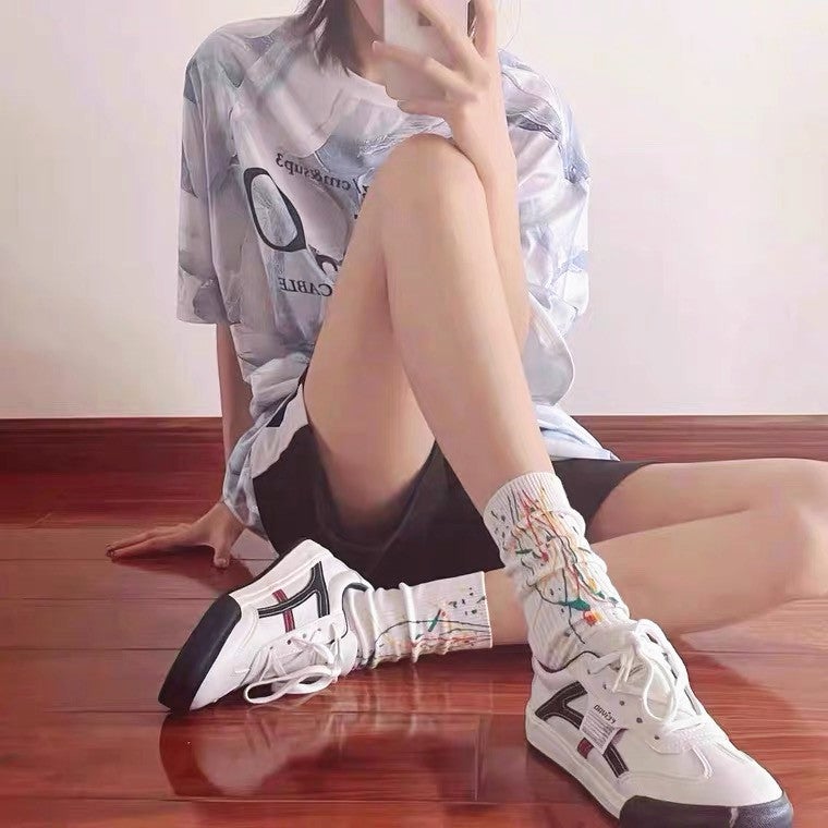 Trendy Brand Splash Ink Art Design Color Socks Double Needle Pile Sports Street Trendy Tie Dye Middle Tube Pure Cotton Socks For Men And Women - Image 4