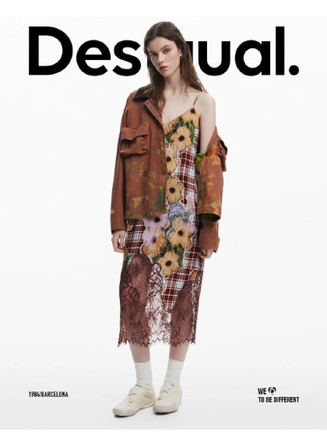 DESIGUAL ss25 Floral Check Print Lace-paneled Dress - Image 1