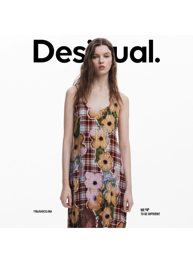 DESIGUAL ss25 Floral Check Print Lace-paneled Dress - Image 3