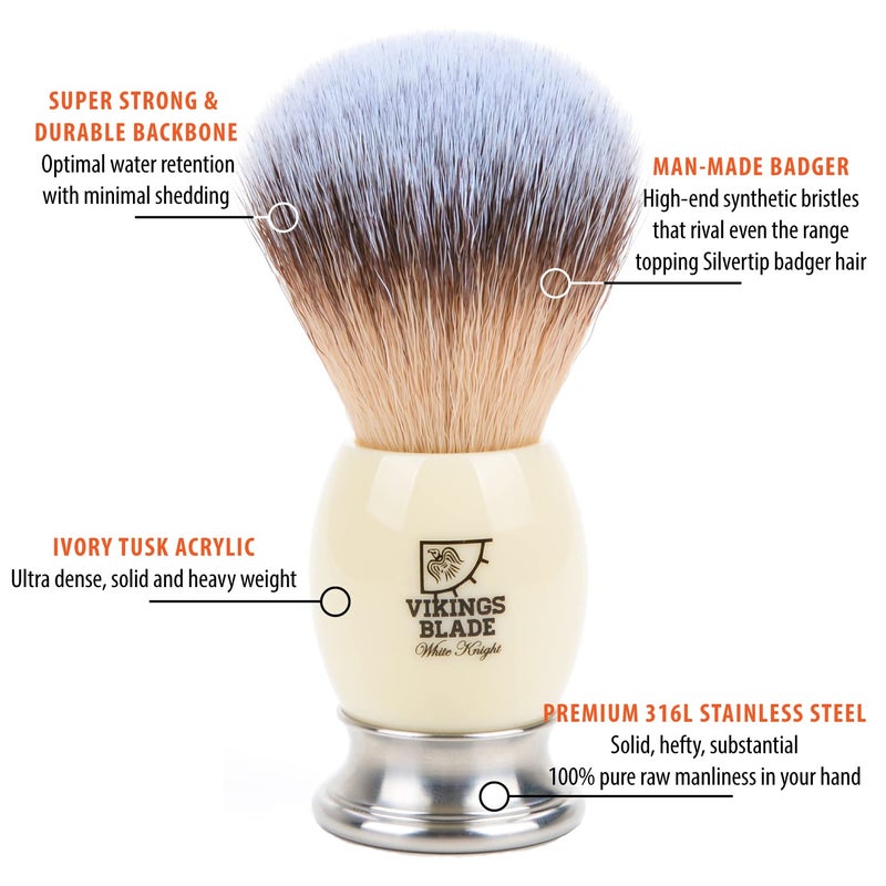 Vikings Blade Luxury Shaving Brush for Men by VIKINGS BLADE, Ultra Heavy Acrylic & 316L Steel Handle, Super Strong Knot Backbone, Minimal Shedding, Fast Lather, Extremely Smooth & Plush on Skin (White Knight) - Image 2