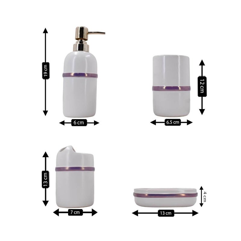 Kookee Ceramic Bathroom Set - Stylish 4 Piece Bath Accessories Kit with Soap Dispenser, Toothbrush Holder, Tumbler & Soap Dish - Modern & Designer Decor for Home & Guest Bathrooms, White/Purple (9643) - Image 5