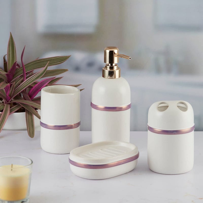Kookee Ceramic Bathroom Set - Stylish 4 Piece Bath Accessories Kit with Soap Dispenser, Toothbrush Holder, Tumbler & Soap Dish - Modern & Designer Decor for Home & Guest Bathrooms, White/Purple (9643) - Image 2