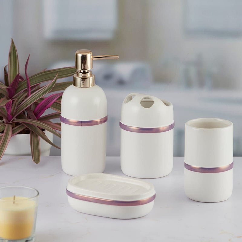Kookee Ceramic Bathroom Set - Stylish 4 Piece Bath Accessories Kit with Soap Dispenser, Toothbrush Holder, Tumbler & Soap Dish - Modern & Designer Decor for Home & Guest Bathrooms, White/Purple (9643) - Image 1