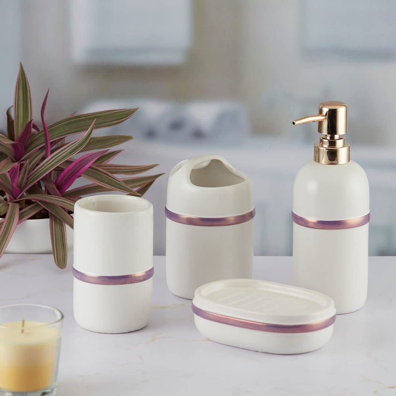 Kookee Ceramic Bathroom Set - Stylish 4 Piece Bath Accessories Kit with Soap Dispenser, Toothbrush Holder, Tumbler & Soap Dish - Modern & Designer Decor for Home & Guest Bathrooms, White/Purple (9643) - Image 3