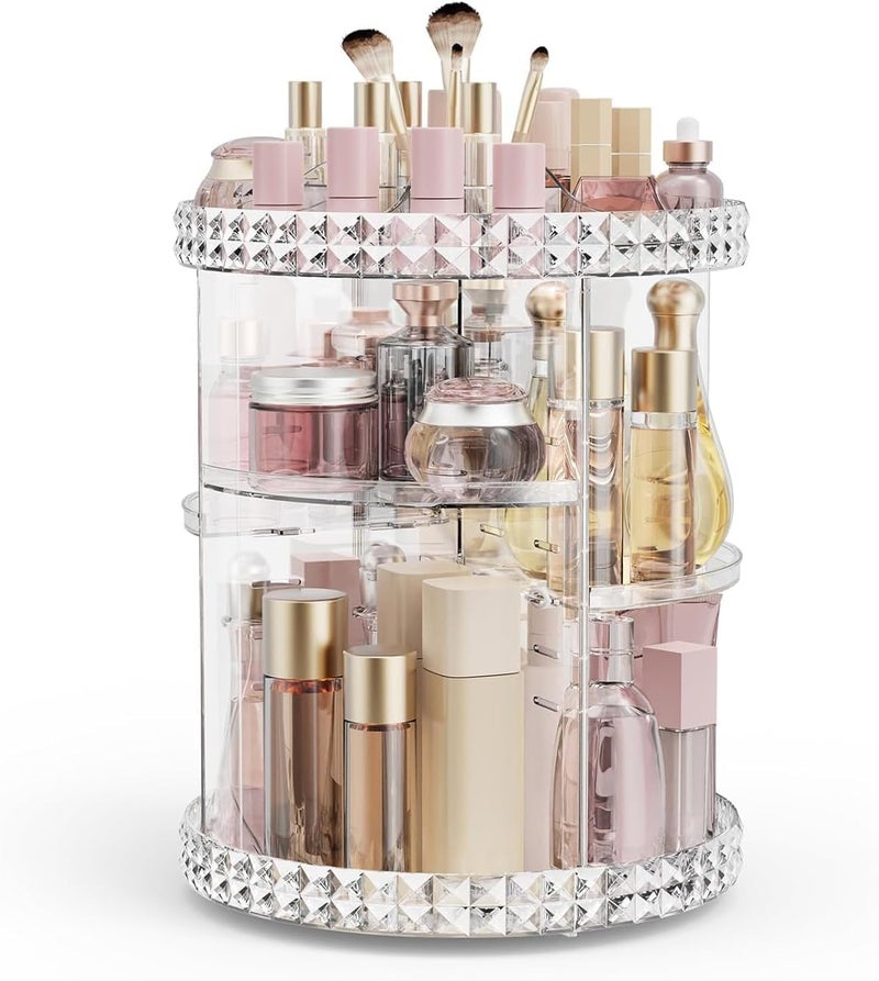 UREVO 360-Degree Rotating Makeup Organizer - 3-Tier Adjustable Cosmetic Storage Display Box - Image 1
