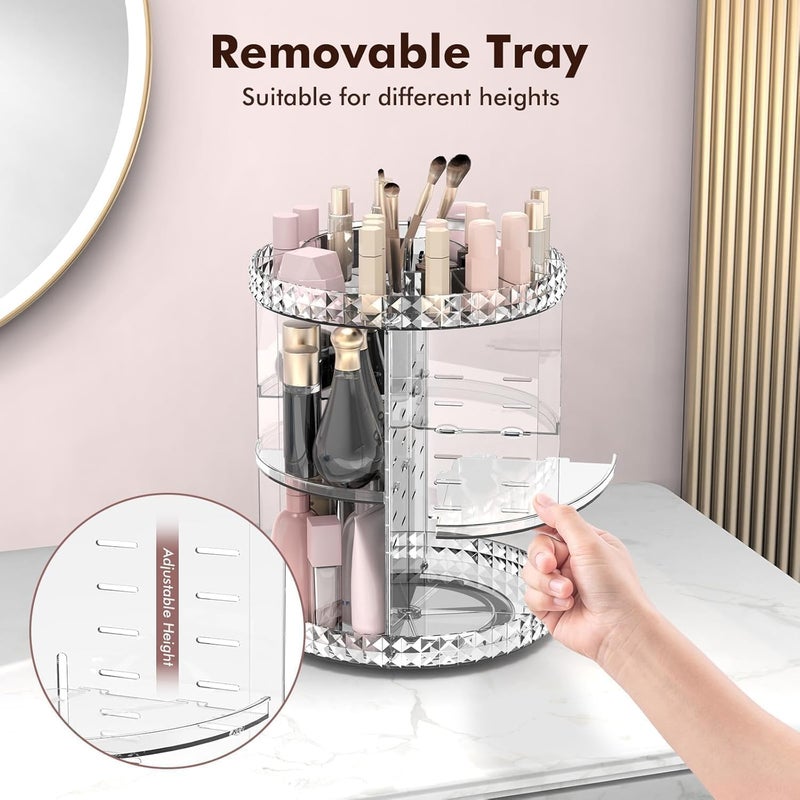 UREVO 360-Degree Rotating Makeup Organizer - 3-Tier Adjustable Cosmetic Storage Display Box - Image 4