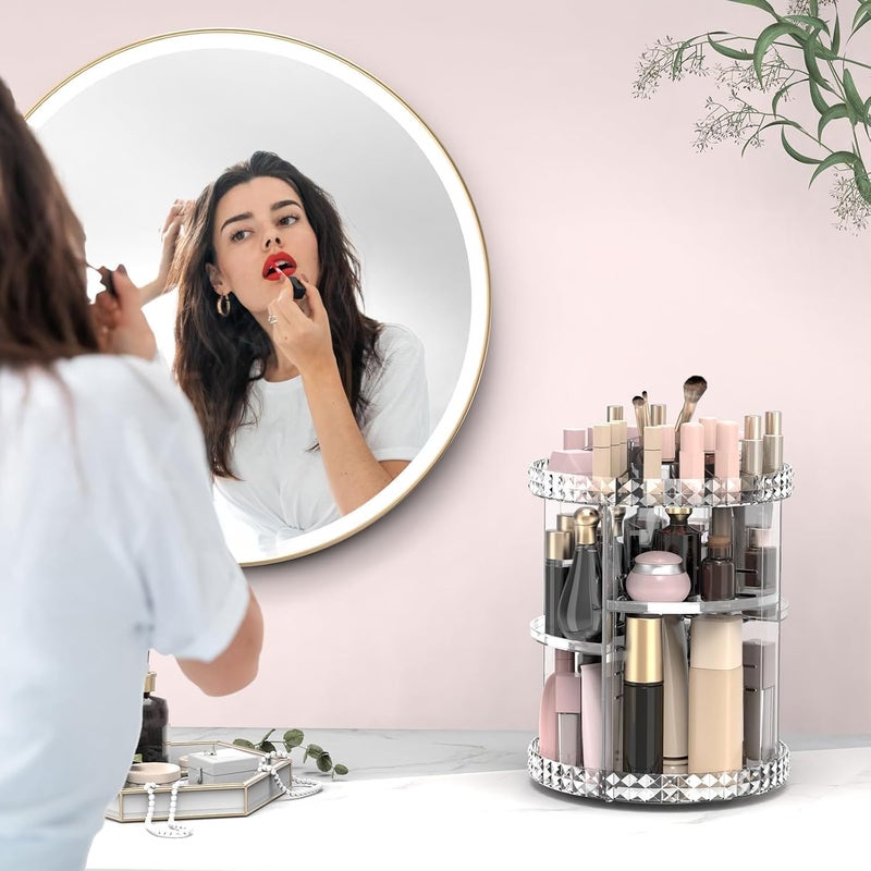 UREVO 360-Degree Rotating Makeup Organizer - 3-Tier Adjustable Cosmetic Storage Display Box - Image 2