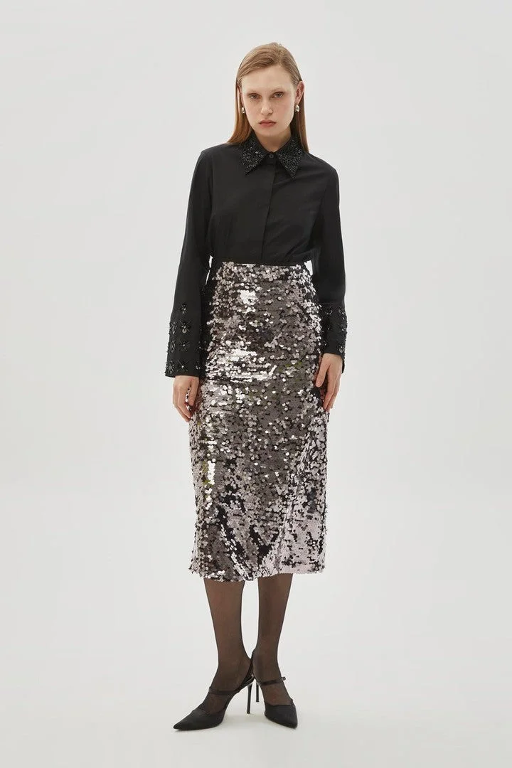 EXQUISE Sequined Regular Grey Midi Skirt