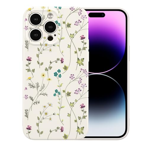 RALEAVO Floral Case for iPhone 14 Pro, Flower Branch Pattern Design Cute Cover Case for Girls Women Slim Thin Soft Silicone Shockproof Anti-Slip Phone Case for iPhone 14 Pro (6.1"),Beige - Image 1